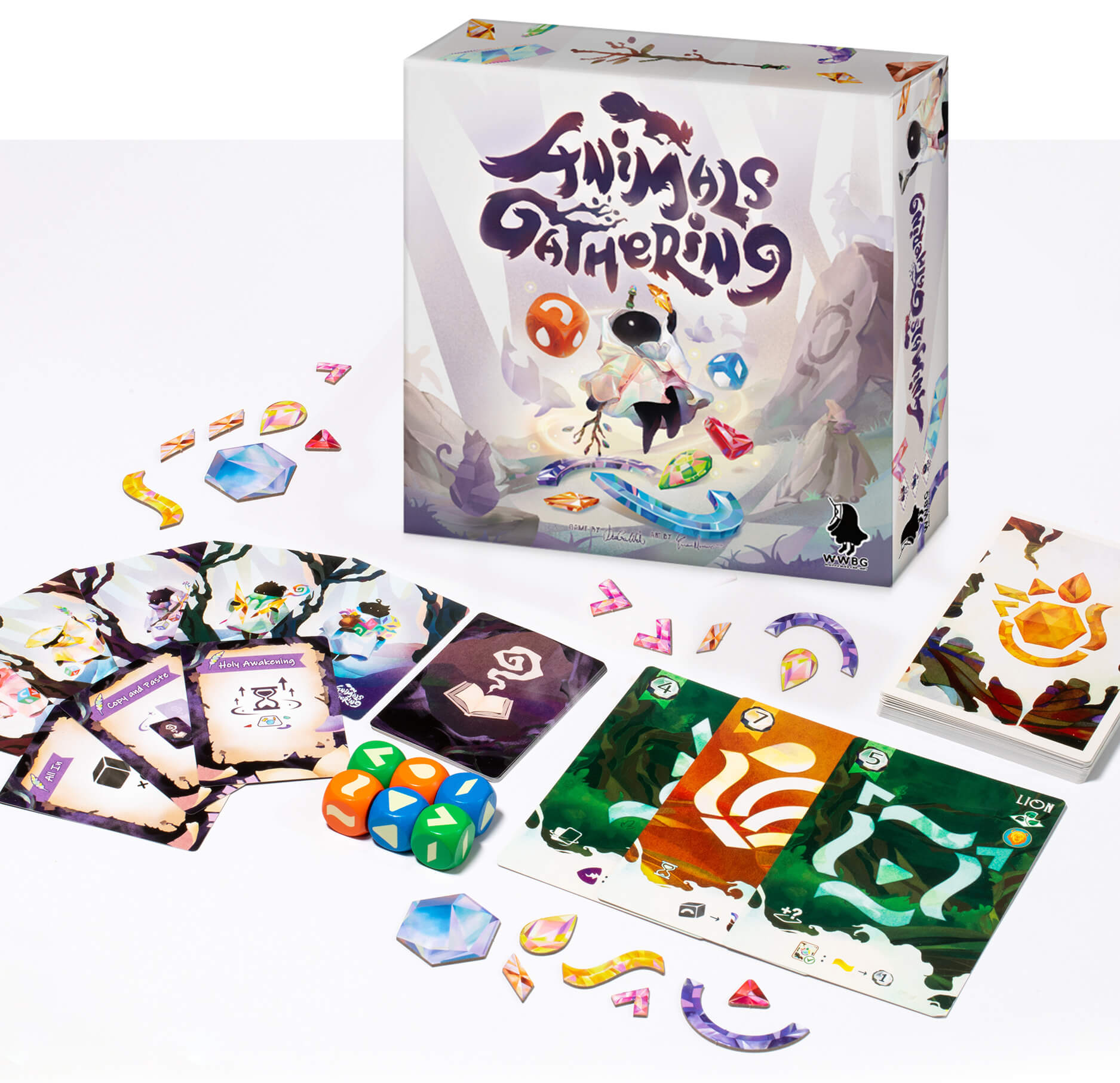 In Animals Gathering, players compete to return life to Crystal Forest by choosing animal index cards and rolling dice to fill them in with magic stones. Once filled, the animal is summoned and provides a powerful ability. But be careful! If a dice you roll shows a stone you can’t place, the other players get to use it. The first player to finish five cards ends the game, but the player who chooses their cards and dice wisely—and perhaps gets a touch of luck—may just be the victor!